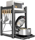 Adjustable 2-Tier Microwave Stand with Pull-Out Tray & 6 Hooks, Metal Kitchen Organizer Rack for Rice Cooker & Essentials, Space-Saving Storage Solution