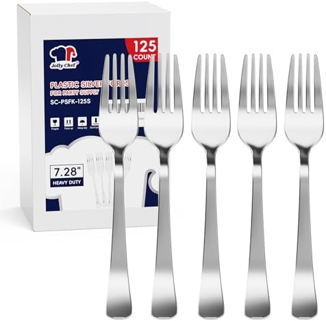 JOLLY CHEF Plastic Forks 7.28 Inch, Silver Plastic Forks 125 Count by JOLLYCHEF