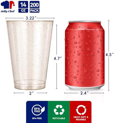 JOLLY CHEF 200 Pack 14 oz Gold Glitter Plastic Cups, Disposable Party Cups - Image 2