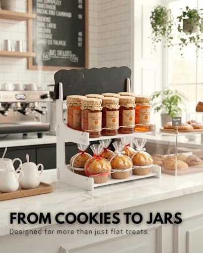 HOTCAN Cookie Display Stand for Bakers & Vendors with Acrylic Front | Wooden Dessert Stand with Chalkboard Sign for Market Booths, Craft Fairs & Events | 2 Tiered Cookie Display for Cupcakes, Muffins & Pastries (White) - Image 6