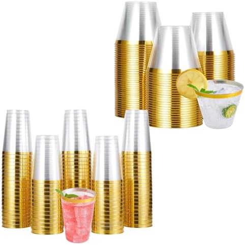 JOLLY CHEF 12 oz Clear Plastic Cups Tumblers, 100 Pack 9 oz Elegant Gold Rimmed Plastic Cups by JOLLYCHEF