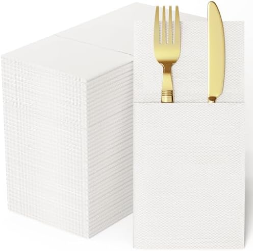 100 Paper Napkins with Built-in Flatware Pocket Prefolded Guest Hand Towels by JOLLYCHEF