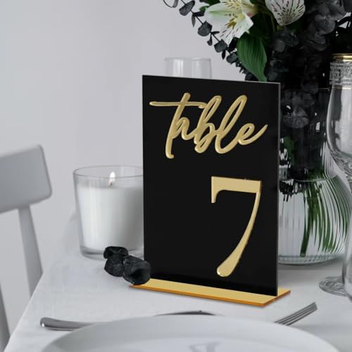 Wedding Table Numbers, Black Acrylic with Gold Text, Freestanding with Base - Image 3