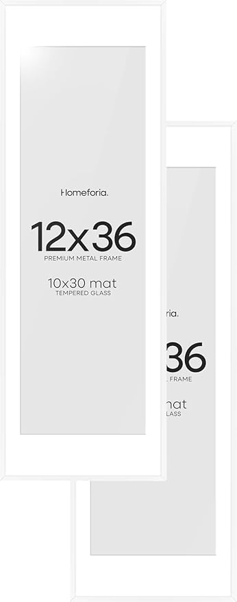 Homeforia 12x36 Picture Frame White, High End Metal 12x36 Poster Frames with Mat 10x30 inch Photo, 12 x 36 White Frames Matted to 10 by 30 Art, 36x12 Panoramic Frames, Tempered Glass, Wall Kit, Set of 2
