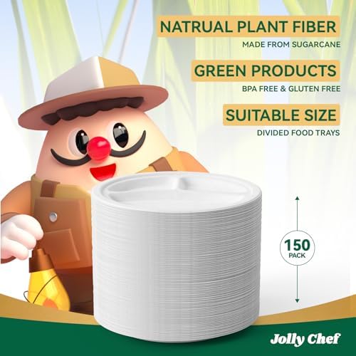 JOLLY CHEF Heavy Duty Compostable 3 Compartment Paper Plate 9 Inch 150 Pack - Image 6