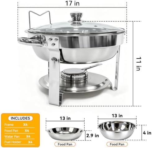 4-Pack 6QT Chafing Dishes for Buffet, 304 Stainless Steel Chafing Dish Buffet Set with Glass Lids & Lid Holders – Food Warmers for Parties, Weddings, Birthdays & Catering,Silver - Image 2