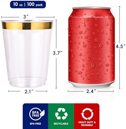 JOLLY CHEF 100 Pack Gold Plastic Cups, 10oz Clear Disposable Cups for Party - Image 2