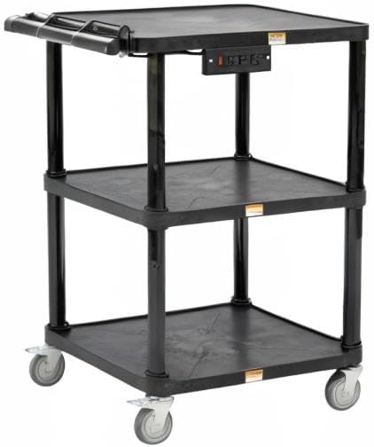 Pearington 3-Shelf Mobile Utility Cart with 3 Outlets and 8' Cord, Heavy-Duty Service Cart for Offices and Warehouses with 3 Shelves, Black