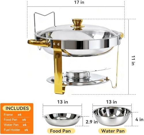 4-Pack Chafing Dish for Buffet Set, 6QT Round 304 Stainless Steel Buffet Food Warmers – Complete Set with Full Accessories for Catering, Wedding Events, Parties & Dinners - Image 2