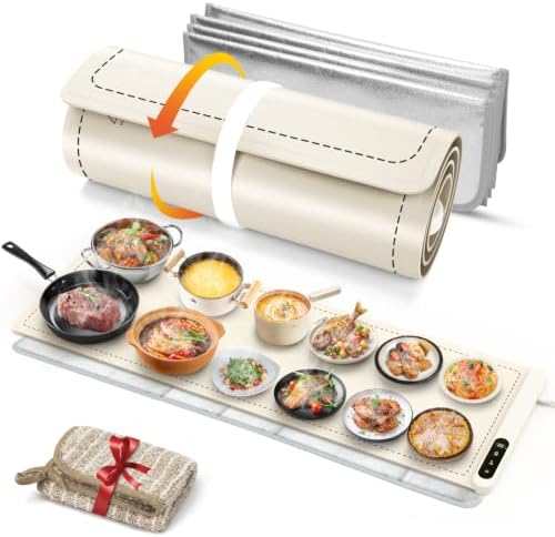FYY Extra Long Warming Mat for Food with Heat Resistant Pad, Prevent Countertop Cracks, Rapid and Full Surface Heating, 7 Temp Settings, 6H Timer, Rollable Portable Food Warmer, Beige (45x15 inch) by FYY