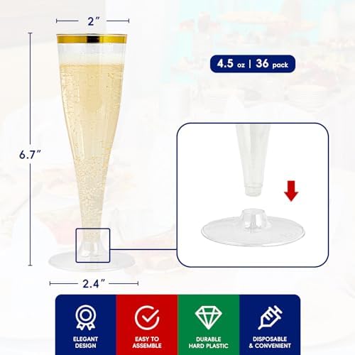 JOLLY CHEF 36 Count Plastic Champagne Flutes 4.5 oz Gold Rim Clear Disposable Toasting Glasses - Image 2