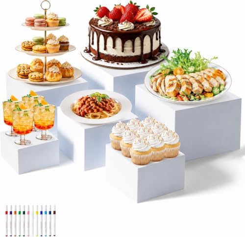 Nestable Buffet Risers - 6 Pcs White Acrylic Food Risers with Signs & Markers – Sturdy Dessert Table Display Stands for Parties, Catering, Jewelry & Collectibles (Easy-Store Stackable Cubes: 10'',9'',8", 7", 6", 5"） by Unknown