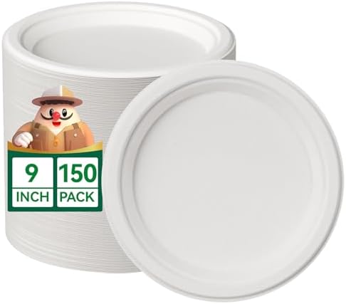JOLLY CHEF 9 Inch Paper Plates, White Compostable Plates 150 Pack by JOLLYCHEF