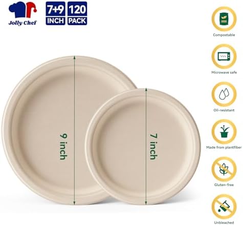 Compostable Heavy Duty 7 Inch and 9 Inch 120 Pack Eco-Friendly Paper Plates - Image 2