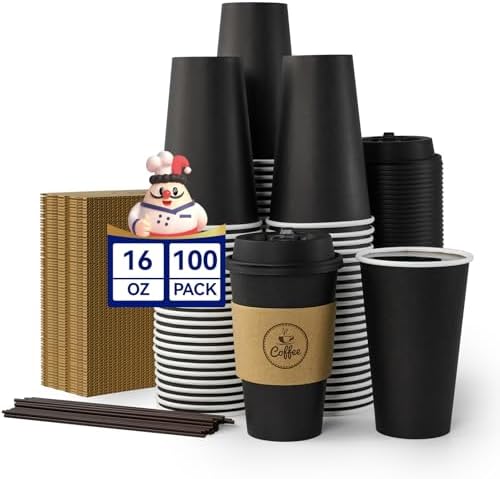 JOLLY CHEF 16 oz Black Coffee Cups with Lids, Sleeves & Stirrers 100 Pack by JOLLYCHEF