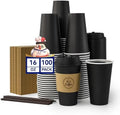 JOLLY CHEF 16 oz Black Coffee Cups with Lids, Sleeves & Stirrers 100 Pack by JOLLYCHEF