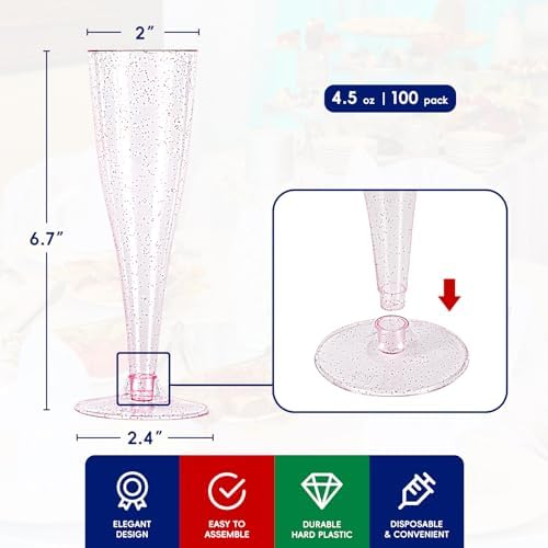 JOLLY CHEF Plastic Champagne Flutes, Purple Glitter Flutes 4.5 oz 100 Pack - Image 2