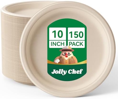 Compostable Heavy Duty 10 Inch 150 Pack Eco-Friendly Disposable Paper Plate by JOLLYCHEF