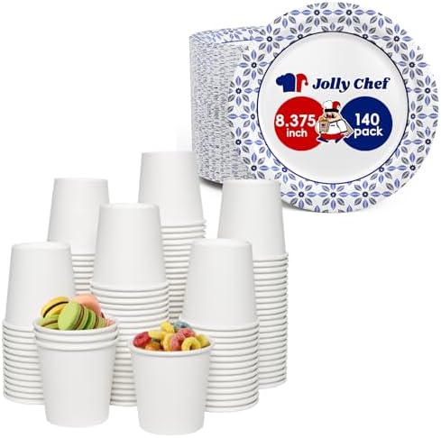 JOLLY CHEF Disposable Paper Cups and Plates, Printed Paper Plates 8 in 140 Count, 4 oz Small Paper Cups 300 Pack for Bathroom,Mouthwash and Daily Use by JOLLYCHEF
