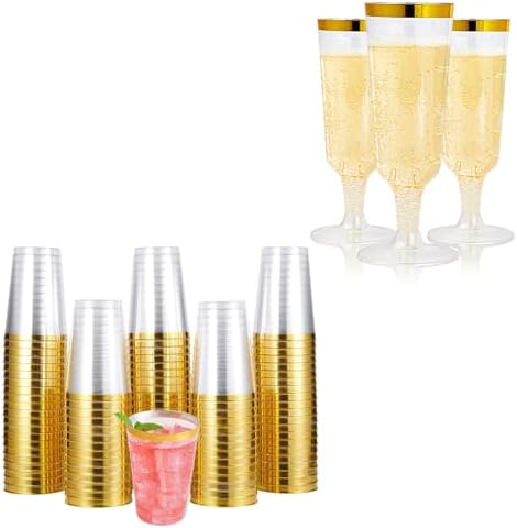 JOLLY CHEF 100 Pack Elegant Gold Rimmed Plastic Cups & 50 Pack 5 oz Gold Rim Plastic Champagne Glasses by JOLLYCHEF