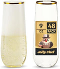 JOLLY CHEF 48 Pack 9 oz Stemless Champagne Flutes with Golden Rim Glasses by JOLLYCHEF