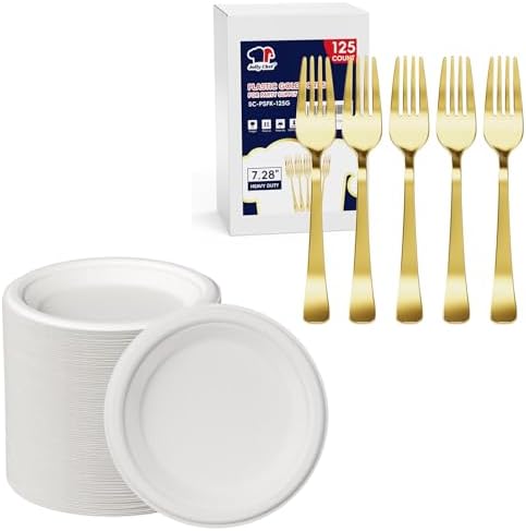 JOLLY CHEF Paper Plates Heavy Duty Dessert Plates & 125 Count Gold Plastic Disposable Forks by JOLLYCHEF