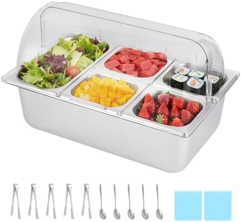 Cold Food Buffet Server 5 Pans (4 Pans×1.6Qt & 1 Pan×4QT) with Ice Packs for Salad Pizza Sauce Colded Serving Trays Condiments Containers for Parties Buffet by YMJOINMX