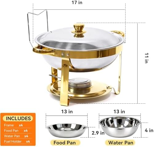 4-Pack Chafing Dish for Buffet Set, 6QT Round 304 Stainless Steel Complete Buffet Warmer – Includes Lids, Water Pans, Folding Stands & Clips for Catering, Events, Parties,Gold - Image 2