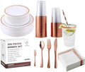 250 PCS Plastic Plates Set With Rose Gold Rim Cutlery set for 25 Guests by JOLLYCHEF