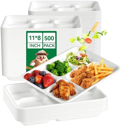 Compostable 5 Compartment Paper Plates 11*8 Inch 500 Pack Divided Plates by JOLLYCHEF