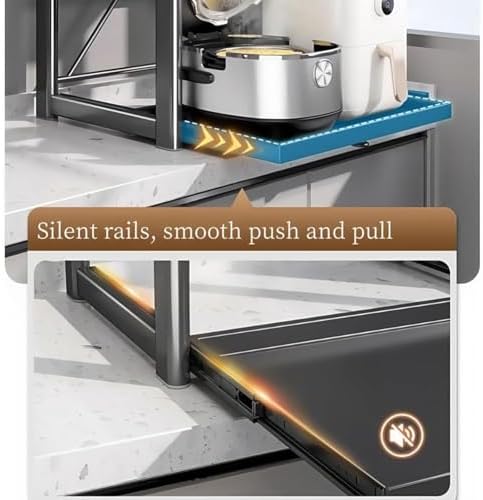 Adjustable 2-Tier Microwave Stand with Pull-Out Tray, Metal Kitchen Organizer Rack, Space-Saving Storage for Rice Cooker & Kitchen Essentials, 6 Hooks, Gray, Compact Design