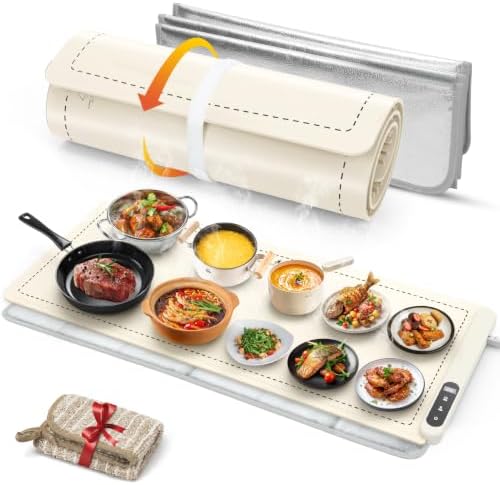 FYY Extra Large Warming Mat for Food with Heat Resistant Pad, Prevent Countertop Cracks, Keep Meal Warm, Rapid and Full Surface Heating, 6 Temp Settings, 6H Timer, Rollable Portable Food Warmer Beige by FYY