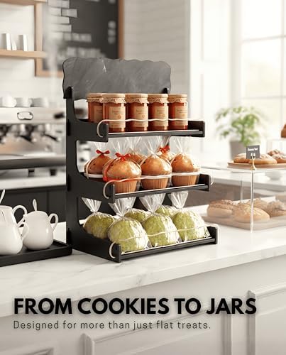 HOTCAN Cookie Display Stand for Bakers & Vendors with Acrylic Front | Wooden Dessert Stand with Chalkboard Sign for Market Booths, Craft Fairs & Events | 3 Tiered Cookie Display for Cupcakes, Muffins & Pastries (Black) - Image 6