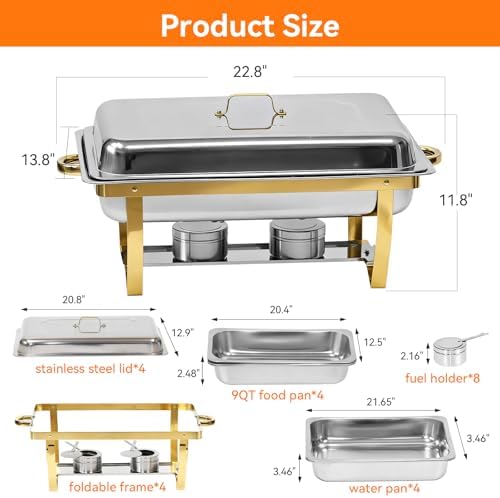 9Qt Chafing Dishes for Buffet, 4 Pack Gold 304 Stainless Steel Chafing Dish Sets, Food Warmers for Parties Buffet,Complete Buffet Servers and Warmers to Keep Food Warm - Image 2