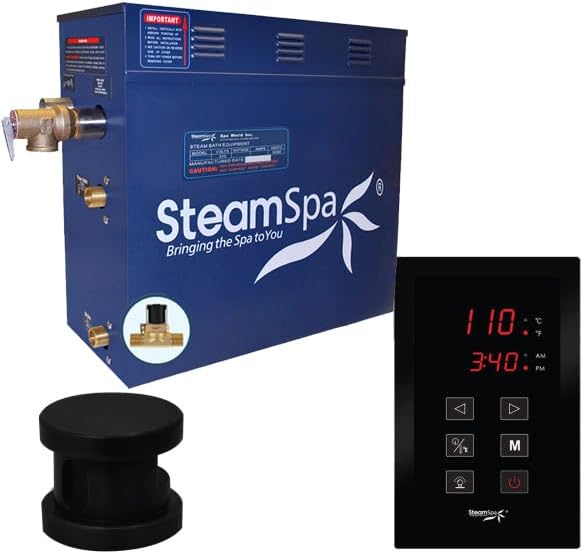 STEAMSPA 4.5kW Steam Sauna Generator Sentry Series 240V Steam Generator with Touch Screen, Steamhead, Built-in Steam Shower Auto Drain, ACU Quickstart Steam Bath Generator (Black)