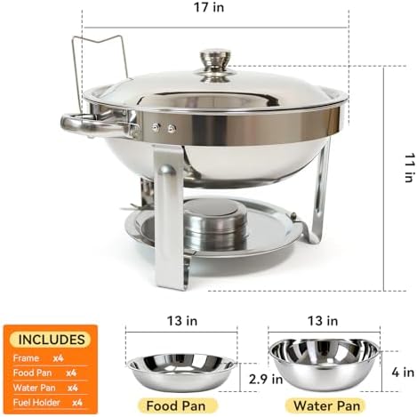 4-Pack Chafing Dishes for Buffet，6QT 304 Stainless Steel Round Chafing Dish Buffet Set - Complete Food Warmers with Lids, Water Pans, Fuel Can Holders for Catering & Wedding Receptions，Silver - Image 2
