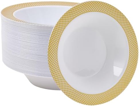 JOLLY CHEF Plastic Bowls with Gold Grid Rim Disposable 12oz Bolws 50Pack by JOLLYCHEF