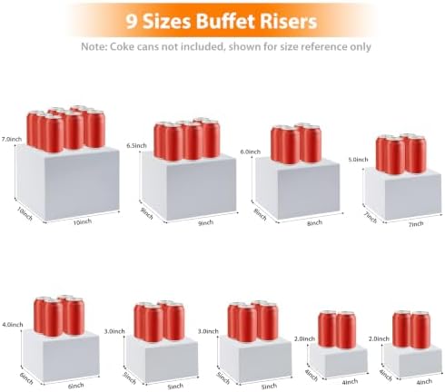 Nestable Buffet Risers - 9 Pcs White Acrylic Food Risers with Signs & Markers – Sturdy Dessert Table Display Stands for Parties, Catering, Jewelry & Collectibles (Easy-Store Stackable Cubes: 10'', 9'', 8", 7", 6", 5'', 5", 4", 4") - Image 3