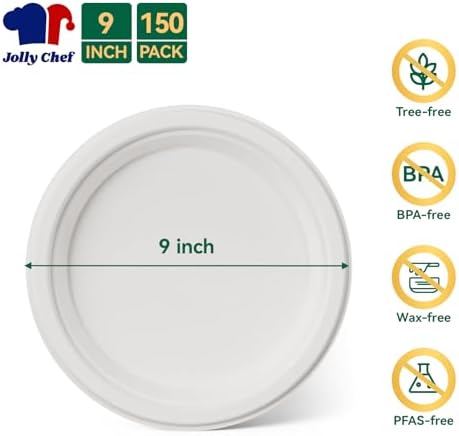 JOLLY CHEF 9 Inch Paper Plates, White Compostable Plates 150 Pack - Image 5