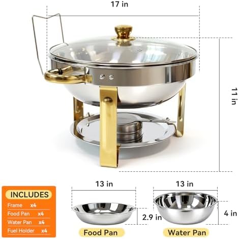 4-Pack Chafing Dishes for Buffet, 6QT 304 Stainless Steel Chafing Dish Buffet Set with Glass Lid, Complete Food Warmers for Parties Buffet Catering Events Dinners, Gold & Silver - Image 2