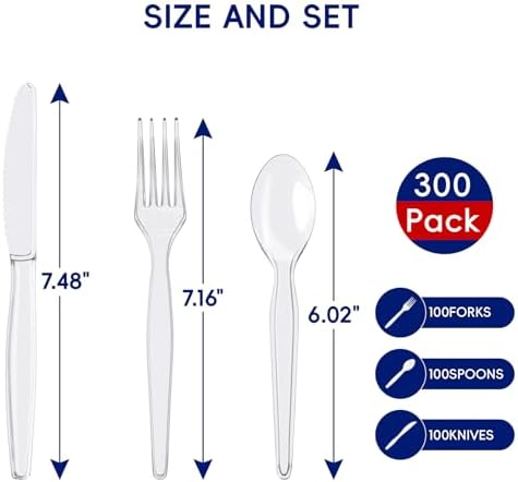 300 Clear Plastic Silverware, Cutlery Set 100 Forks, 100 Spoons, 100 Knives - Image 2
