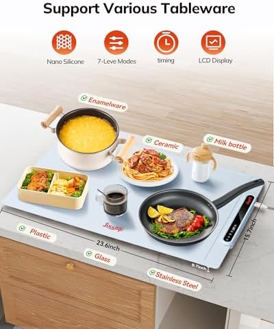 Laudlife Electric Warming Mat for Food, Roll-Up Silicone Heating Pad with 7 Adjustable Tempmaster Levels, Foldable Warming Tray for Countertop,Buffet Party, Kitchen & Home, Child Lock, Light Blue - Image 4