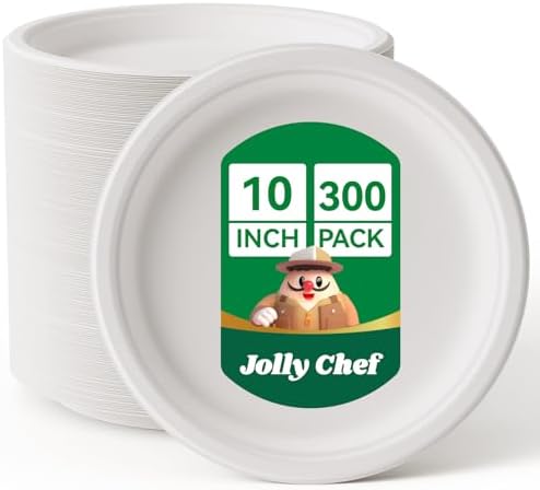 Compostable Heavy Duty 10 Inch 300 Pack Disposable Eco-Friendly Paper Plate by JOLLYCHEF