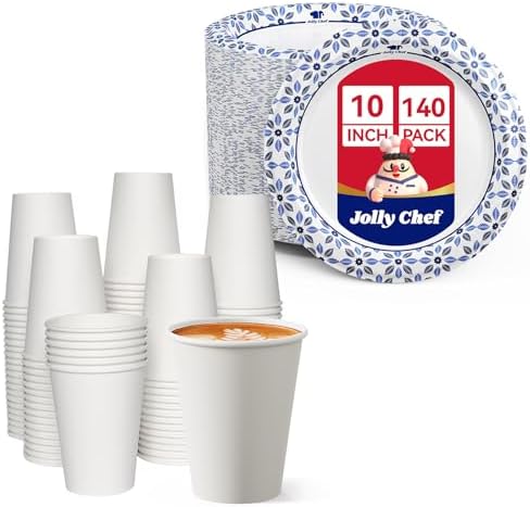 JOLLY CHEF 12 oz Paper Coffee Cups 100 Pack and 10 inch Disposable Printed Paper Plates 140 Count by JOLLYCHEF