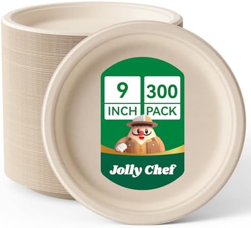 Compostable Heavy Duty 9 Inch 300 Pack Disposable Eco-Friendly Paper Plates by JOLLYCHEF