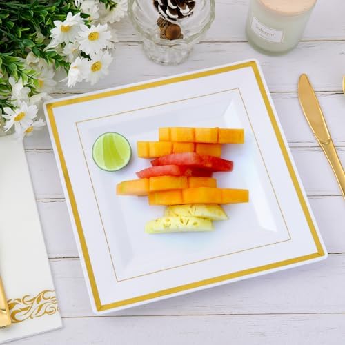 JOLLY CHEF 60 Pack Plastic Plates With Gold Rim 9.5 Inch Disposable Plates - Image 7