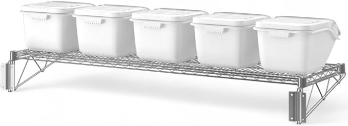 18" x 60" Chrome Wall-Mounted Wire Shelf Kit with Clip-in Ingredient Storage Bins, Heavy-Duty Steel Rack, Supports up to 600 lb, Flip-Top Lids, Open-Wire Design for Kitchen/Prep/Storage