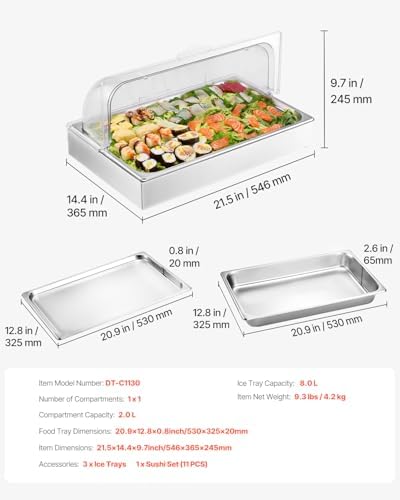 VEVOR Countertop Food Serving Display Container, 1 x 1 Pan Stainless Steel Food Serving Tray, Buffet Condiment Dispenser Display Rack with Clear Lid & 3 Ice Trays, for Restaurant Hotel Kitchen Party - Image 7