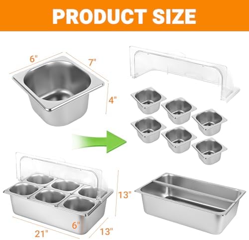 Countertop Food Serving Display Container with Clear Lid, Stainless Steel Serving Tray Catering Supplies Buffet Display Condiment Container for Restaurant Hotel Kitchen (6 Pan) - Image 3