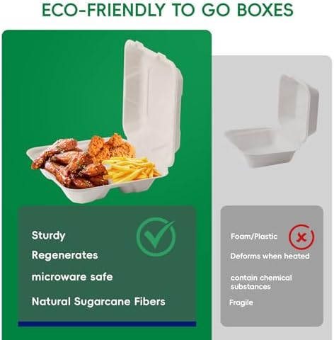 8" Sugarcane to go food containers, 3-Compartment Clamshell Food Containers - Image 7